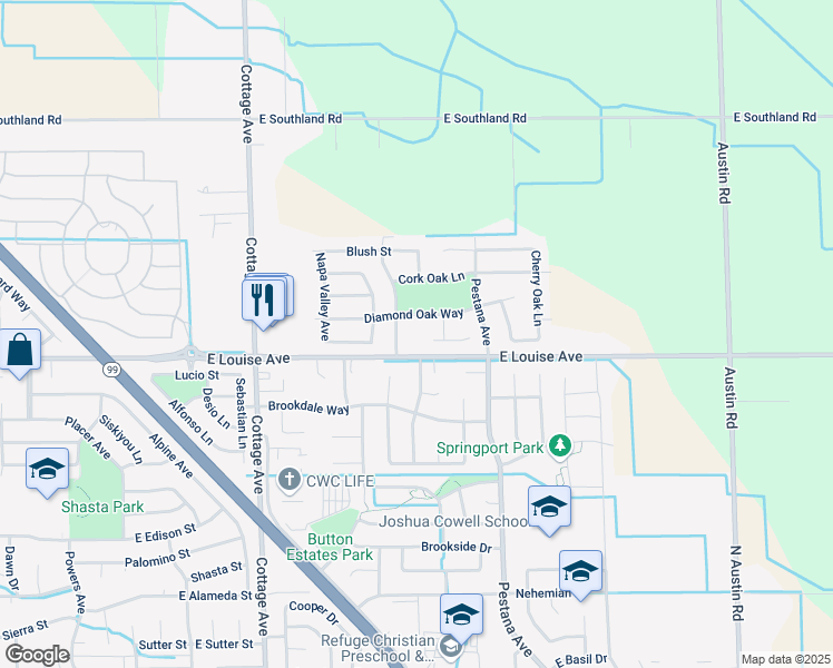 map of restaurants, bars, coffee shops, grocery stores, and more near 1087 Spring Meadow Drive in Manteca