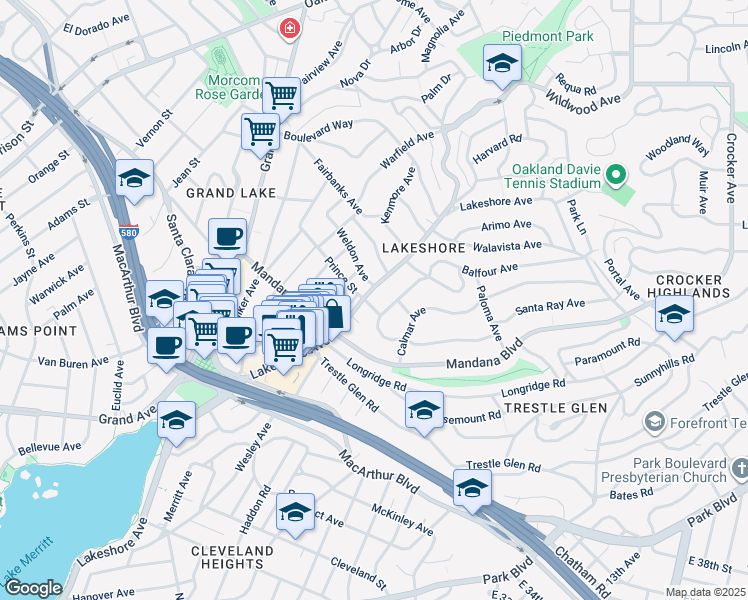 map of restaurants, bars, coffee shops, grocery stores, and more near 3540 Lakeshore Avenue in Oakland