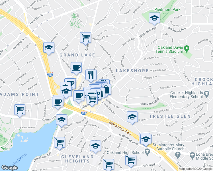 map of restaurants, bars, coffee shops, grocery stores, and more near 3505 Lakeshore Avenue in Oakland
