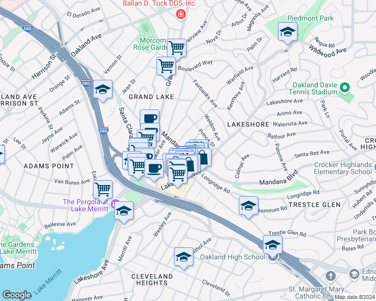 map of restaurants, bars, coffee shops, grocery stores, and more near 550 Glen View Avenue in Oakland