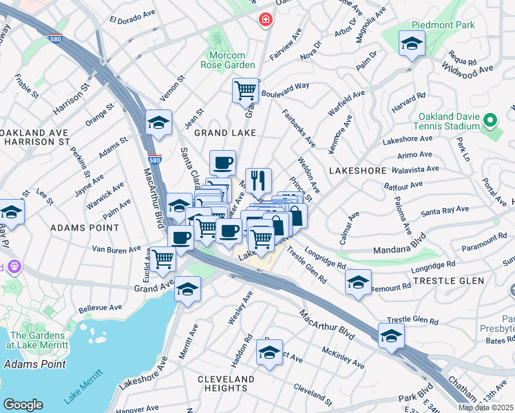map of restaurants, bars, coffee shops, grocery stores, and more near 550 Glen View Avenue in Oakland