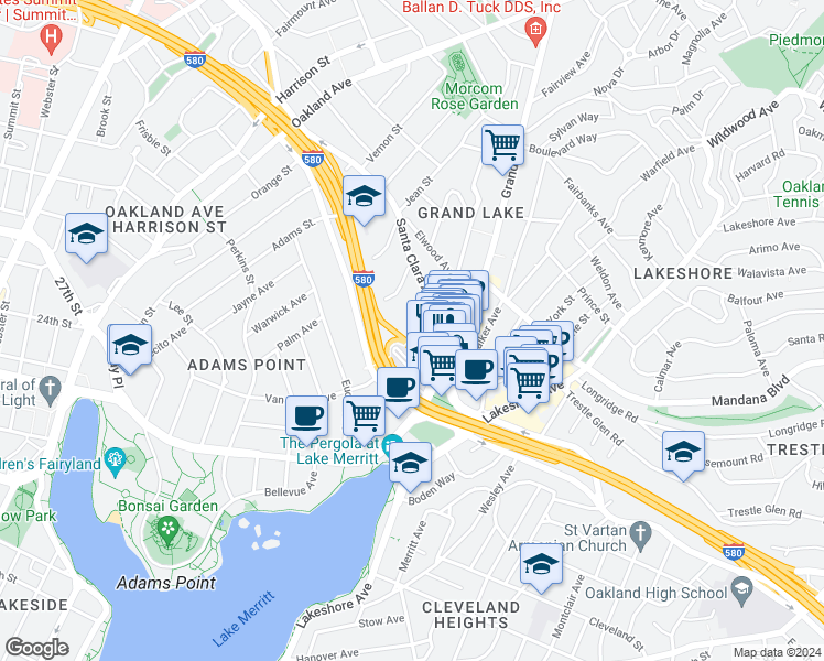 map of restaurants, bars, coffee shops, grocery stores, and more near in Oakland
