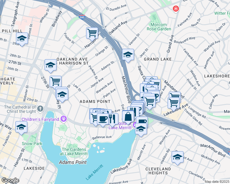 map of restaurants, bars, coffee shops, grocery stores, and more near 374 Bellevue Avenue in Oakland