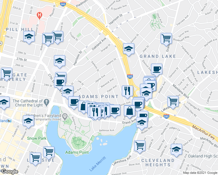 map of restaurants, bars, coffee shops, grocery stores, and more near 339 Palm Avenue in Oakland