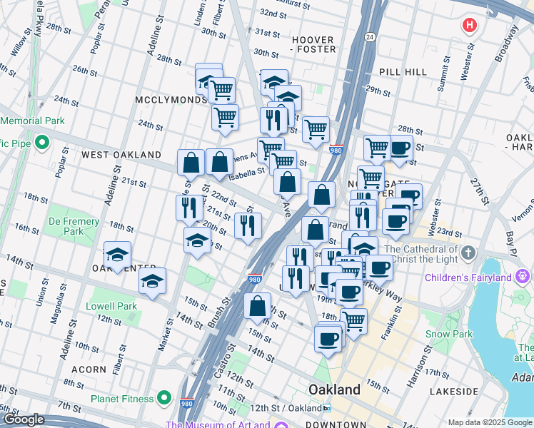 map of restaurants, bars, coffee shops, grocery stores, and more near 756 21st Street in Oakland