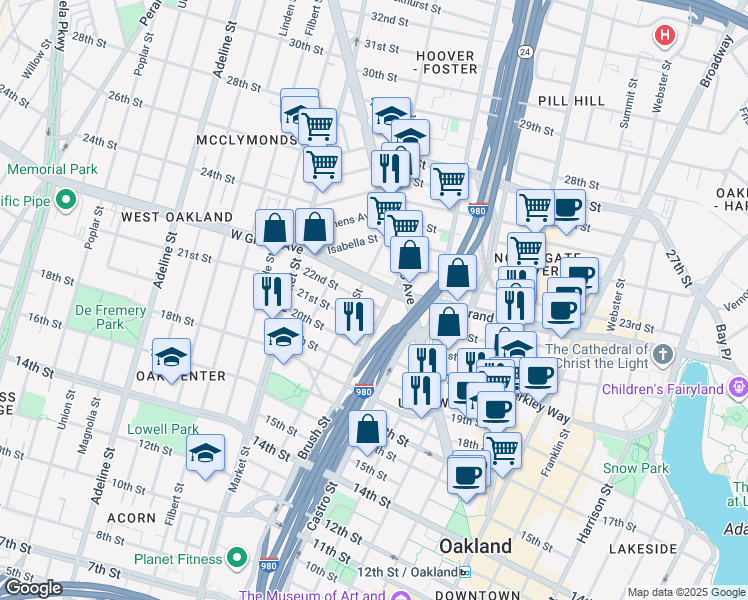 map of restaurants, bars, coffee shops, grocery stores, and more near 756 21st Street in Oakland