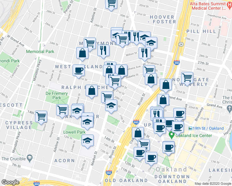 map of restaurants, bars, coffee shops, grocery stores, and more near 857 20th Street in Oakland