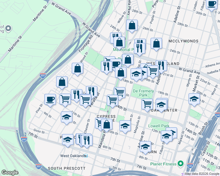map of restaurants, bars, coffee shops, grocery stores, and more near in Oakland