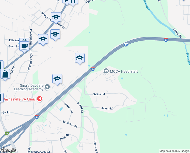 map of restaurants, bars, coffee shops, grocery stores, and more near 20155 Salina Road in Waynesville