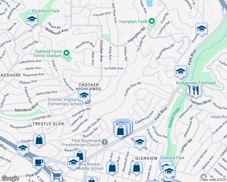 map of restaurants, bars, coffee shops, grocery stores, and more near 38 Bowles Place in Oakland
