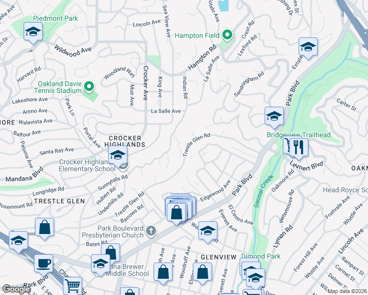 map of restaurants, bars, coffee shops, grocery stores, and more near 1678 Trestle Glen Road in Oakland