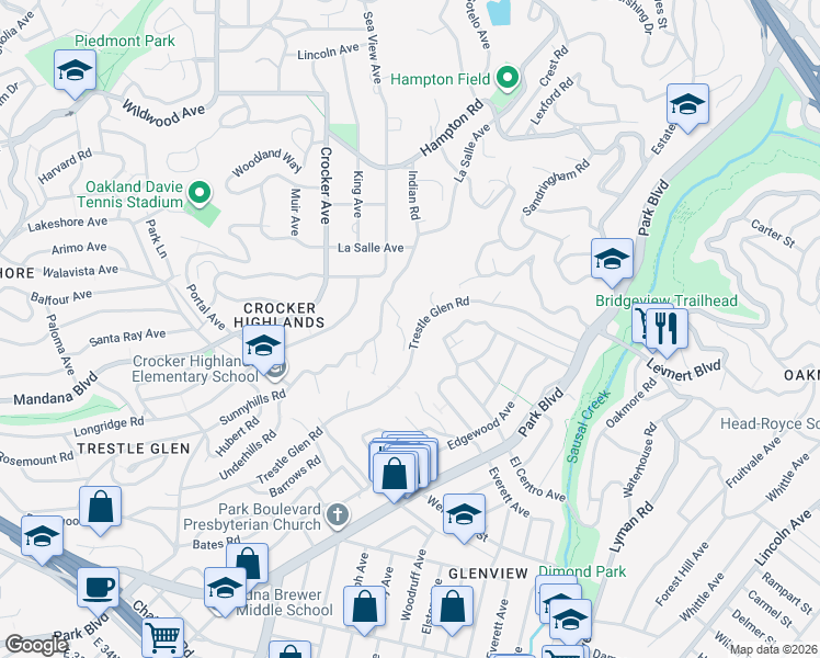map of restaurants, bars, coffee shops, grocery stores, and more near 1678 Trestle Glen Road in Oakland