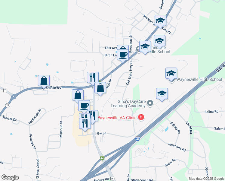 map of restaurants, bars, coffee shops, grocery stores, and more near 1304 Hull Valley Drive in Waynesville