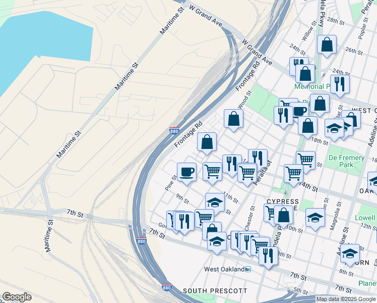 map of restaurants, bars, coffee shops, grocery stores, and more near 1219 Pine Street in Oakland