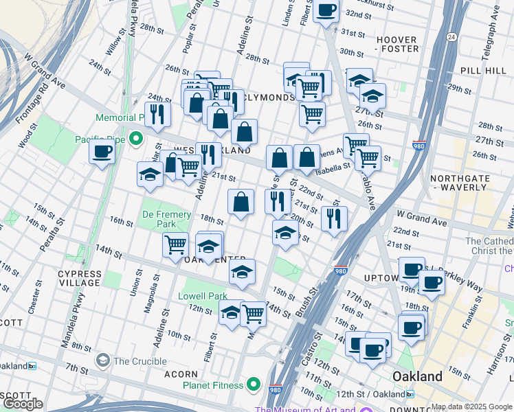 map of restaurants, bars, coffee shops, grocery stores, and more near 1930 Filbert Street in Oakland