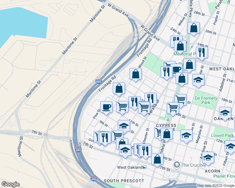 map of restaurants, bars, coffee shops, grocery stores, and more near 505 Zephyr Drive in Oakland