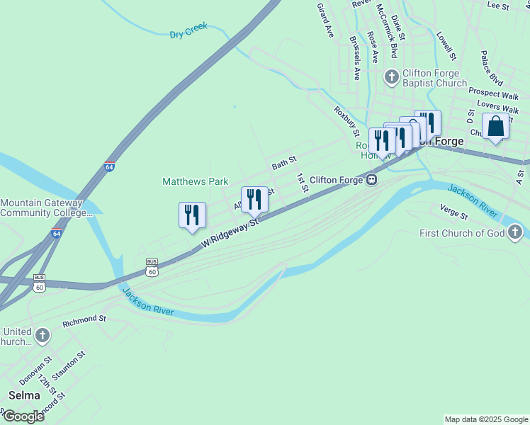 map of restaurants, bars, coffee shops, grocery stores, and more near 226 West Ridgeway Street in Clifton Forge