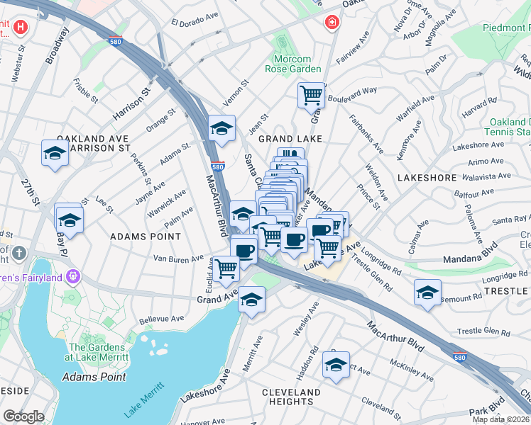 map of restaurants, bars, coffee shops, grocery stores, and more near 365 Santa Clara Avenue in Oakland