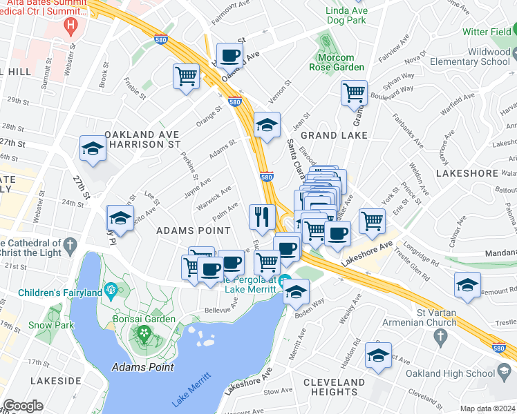 map of restaurants, bars, coffee shops, grocery stores, and more near in Oakland