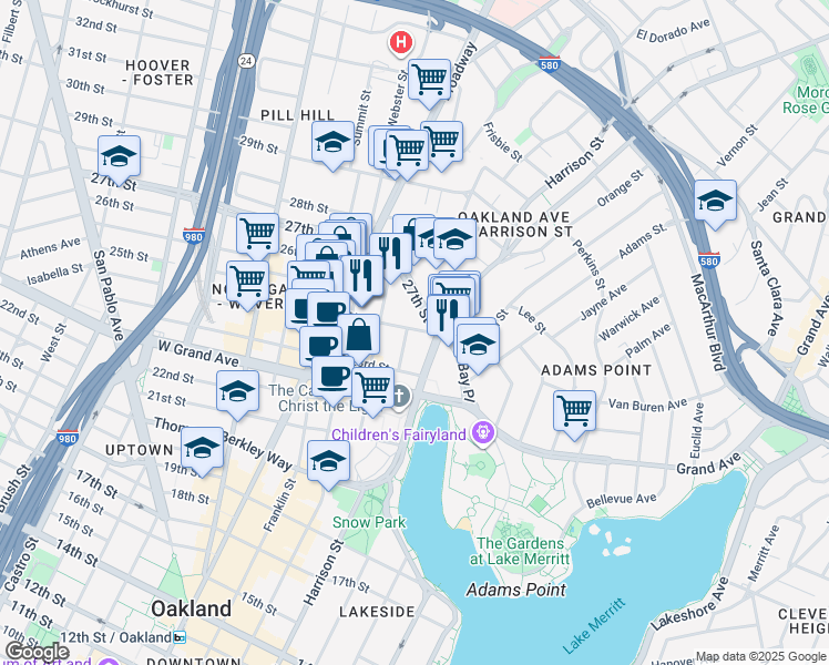 map of restaurants, bars, coffee shops, grocery stores, and more near 2501 Harrison Street in Oakland