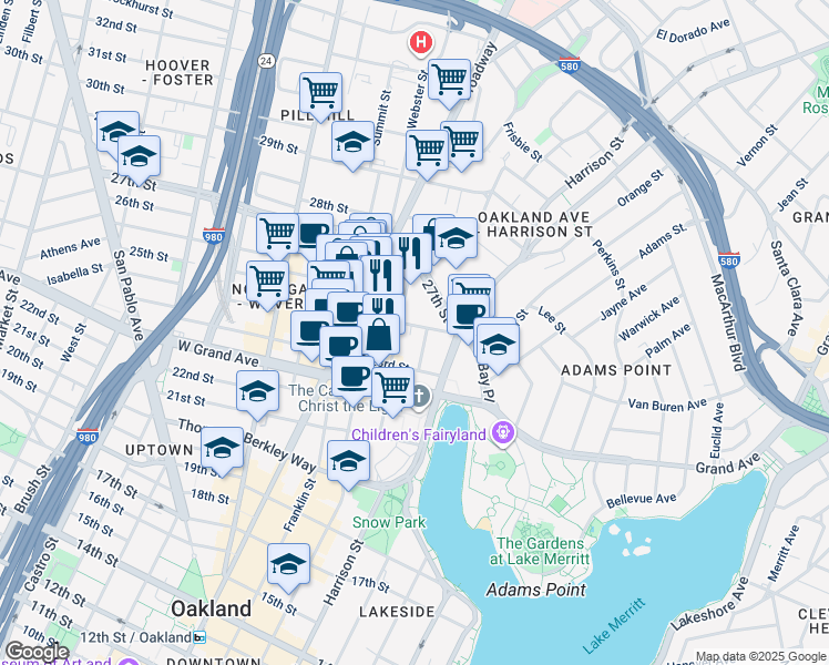 map of restaurants, bars, coffee shops, grocery stores, and more near 2412 Valdez Street in Oakland