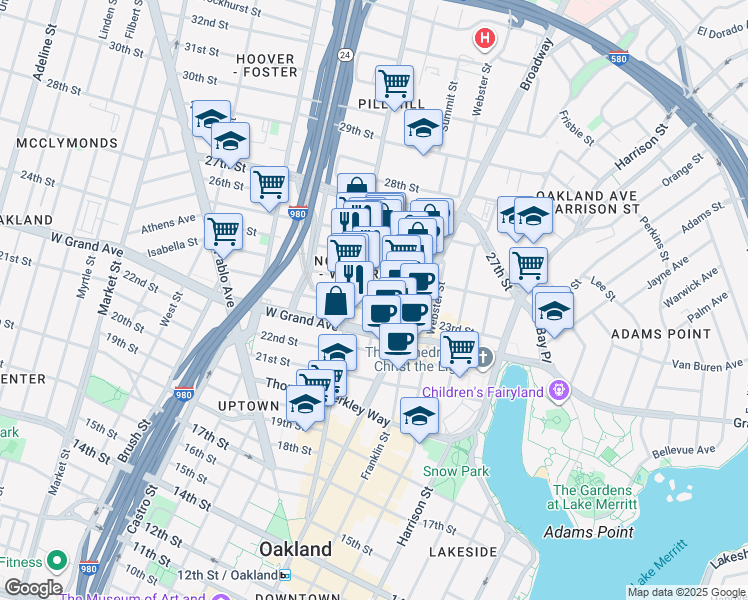 map of restaurants, bars, coffee shops, grocery stores, and more near in Oakland