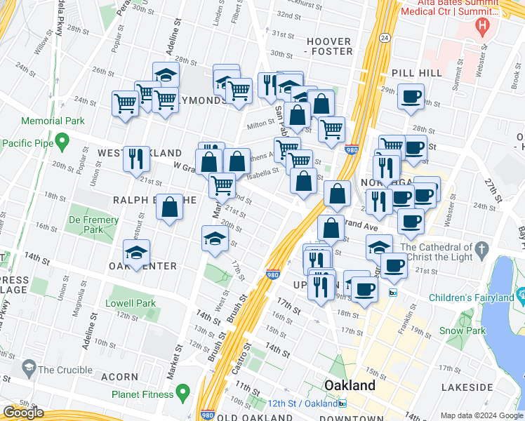 map of restaurants, bars, coffee shops, grocery stores, and more near 2222 Curtis Street in Oakland