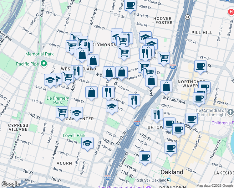 map of restaurants, bars, coffee shops, grocery stores, and more near 885 22nd Street in Oakland
