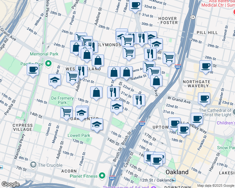 map of restaurants, bars, coffee shops, grocery stores, and more near in Oakland