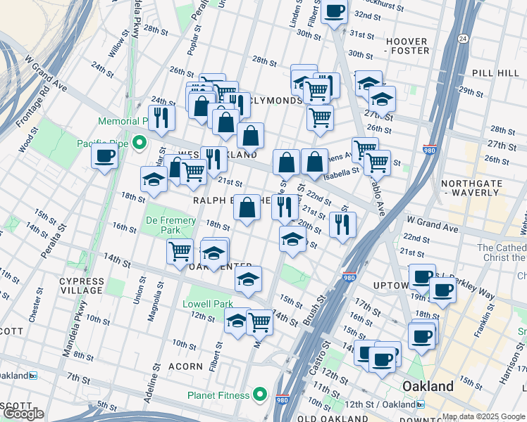 map of restaurants, bars, coffee shops, grocery stores, and more near 2023 Filbert Street in Oakland