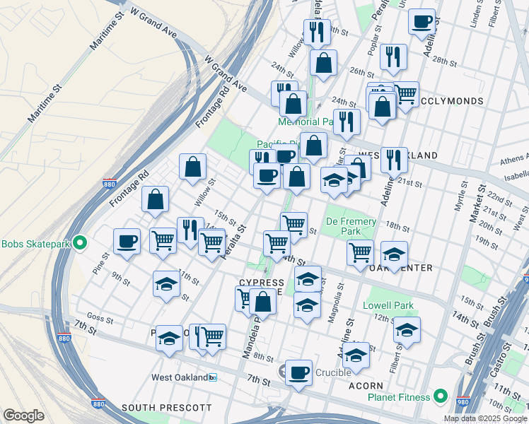 map of restaurants, bars, coffee shops, grocery stores, and more near 1704 Center Street in Oakland
