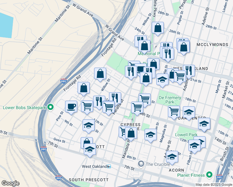 map of restaurants, bars, coffee shops, grocery stores, and more near 1614 Campbell Street in Oakland
