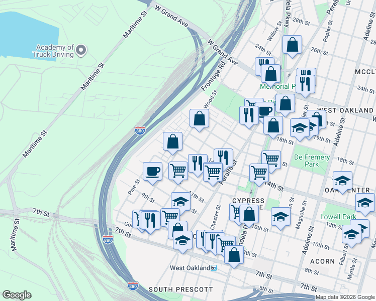 map of restaurants, bars, coffee shops, grocery stores, and more near 1773 14th Street in Oakland