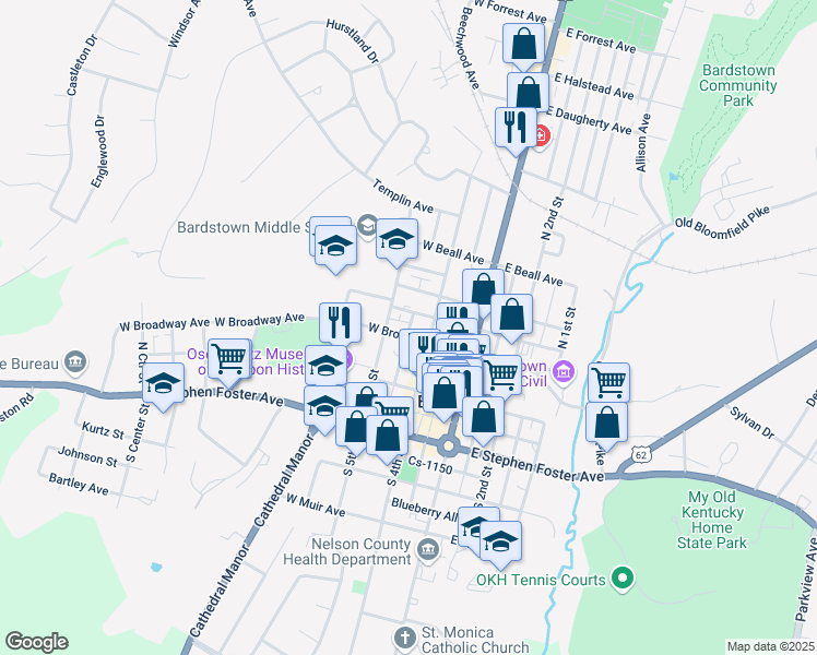 map of restaurants, bars, coffee shops, grocery stores, and more near 315 North 5th Street in Bardstown