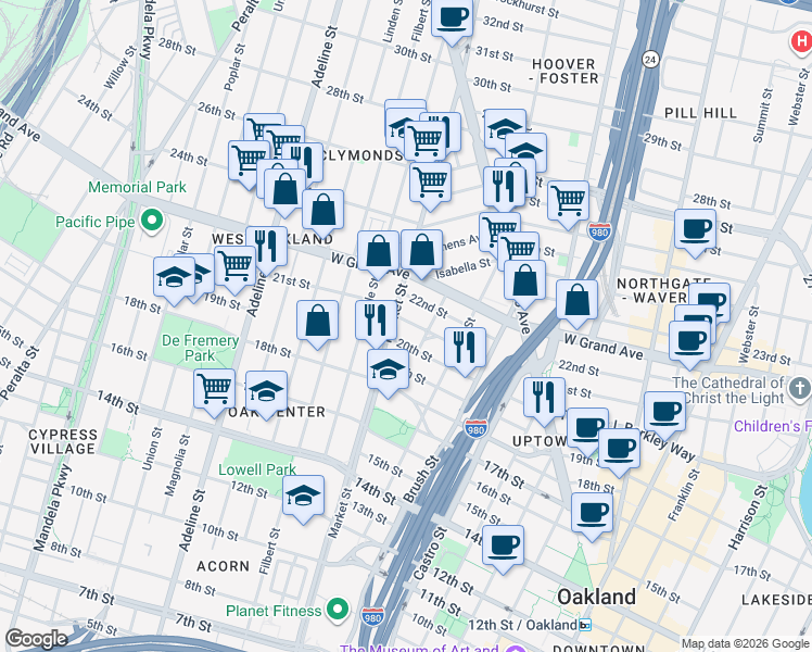 map of restaurants, bars, coffee shops, grocery stores, and more near 885 22nd Street in Oakland