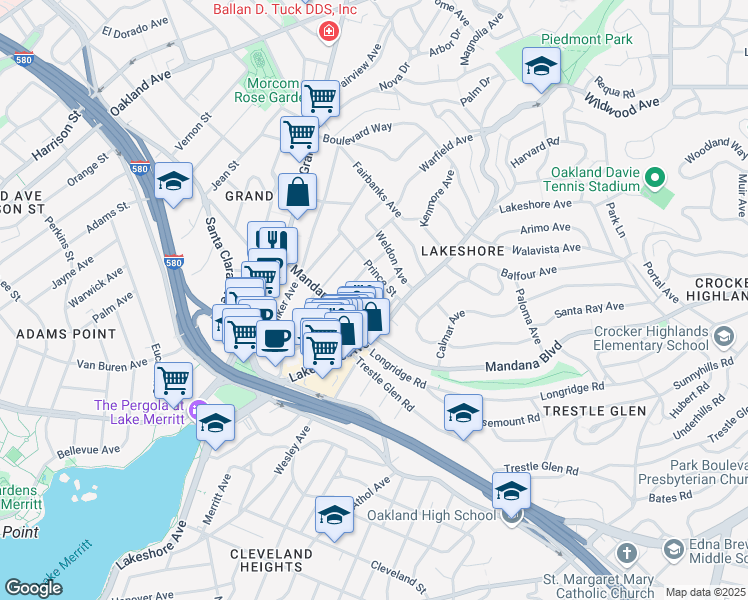 map of restaurants, bars, coffee shops, grocery stores, and more near 848 Erie Street in Oakland