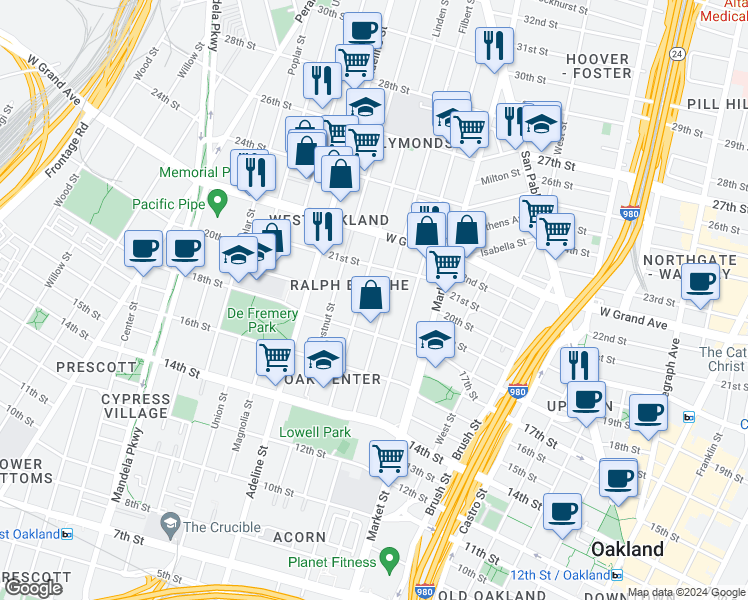 map of restaurants, bars, coffee shops, grocery stores, and more near 1929 Filbert Street in Oakland