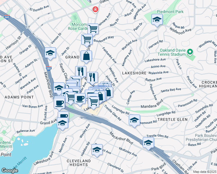 map of restaurants, bars, coffee shops, grocery stores, and more near 848 Erie Street in Oakland