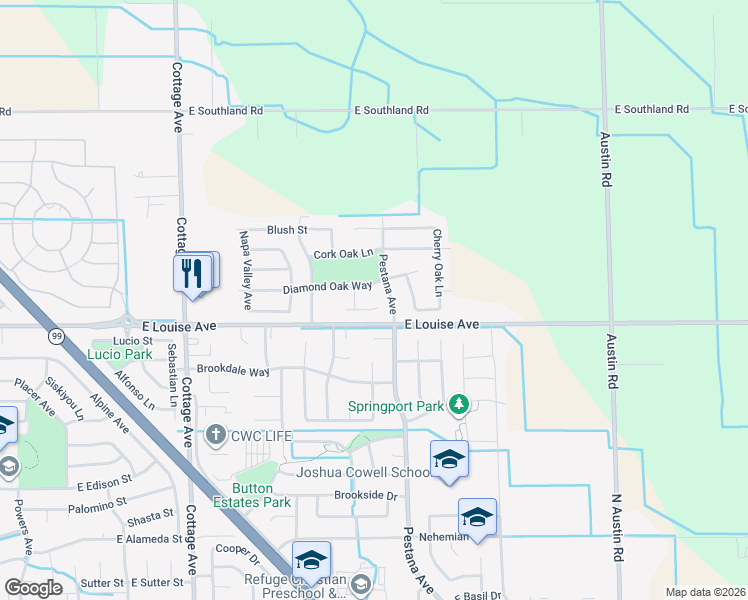 map of restaurants, bars, coffee shops, grocery stores, and more near 1849 Holly Oak Court in Manteca
