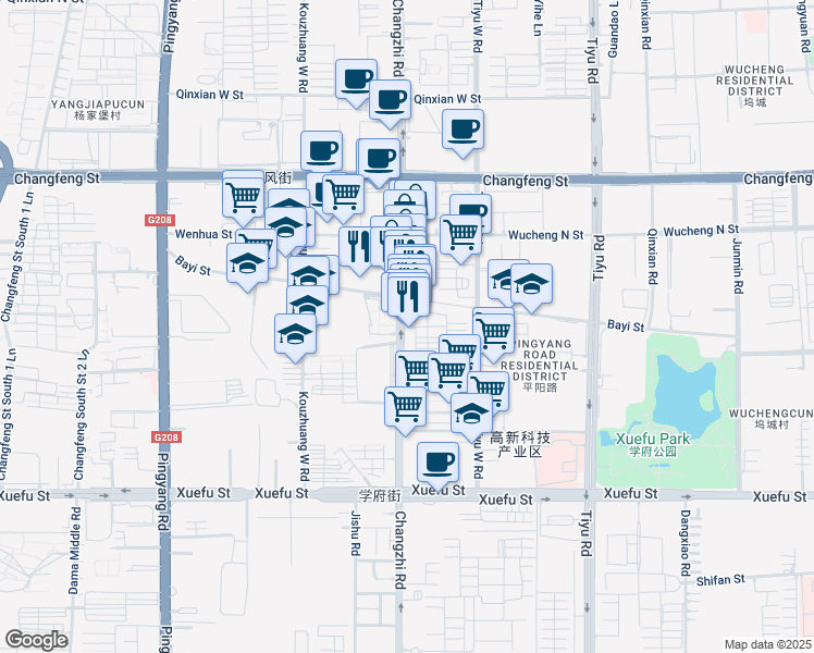 map of restaurants, bars, coffee shops, grocery stores, and more near 180 Changzhi Road in Taiyuan Shi