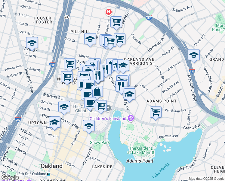 map of restaurants, bars, coffee shops, grocery stores, and more near 2501 Harrison Street in Oakland