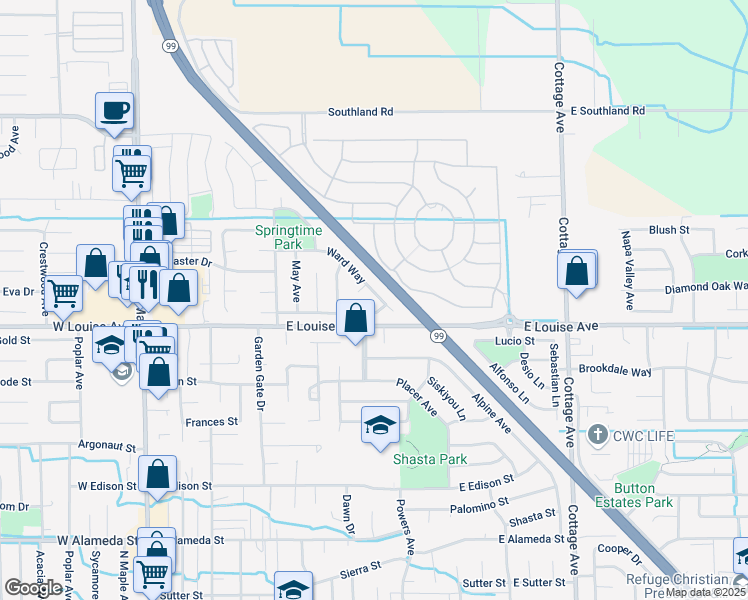 map of restaurants, bars, coffee shops, grocery stores, and more near 647 Ward Way in Manteca