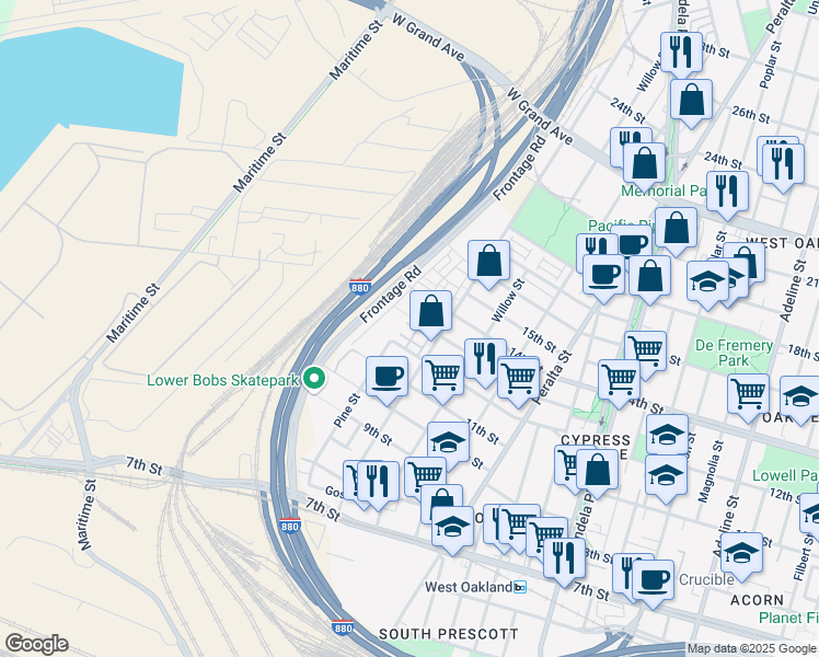 map of restaurants, bars, coffee shops, grocery stores, and more near 405 Palisade Drive in Oakland