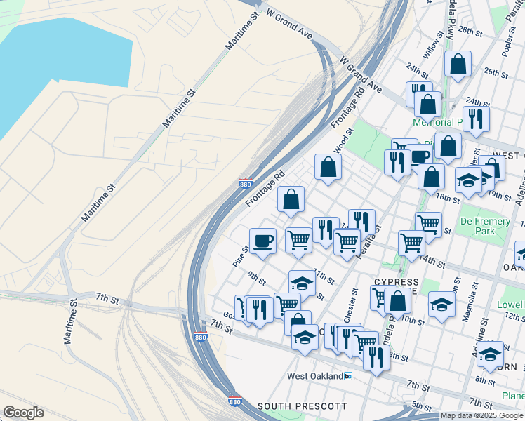 map of restaurants, bars, coffee shops, grocery stores, and more near 1201 Pine Street in San Francisco