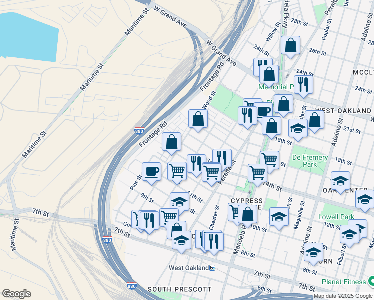 map of restaurants, bars, coffee shops, grocery stores, and more near 1733 14th Street in Oakland