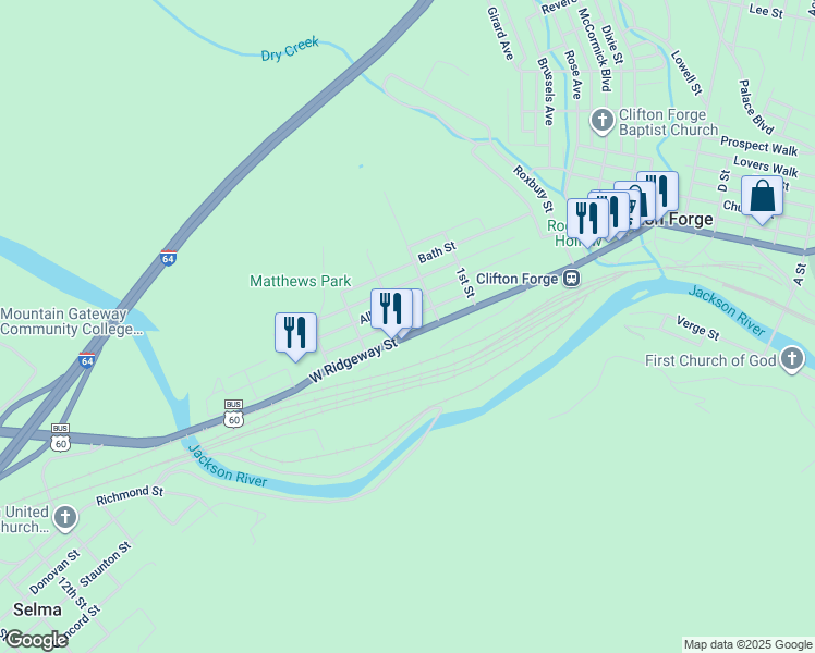 map of restaurants, bars, coffee shops, grocery stores, and more near 226 West Ridgeway Street in Clifton Forge