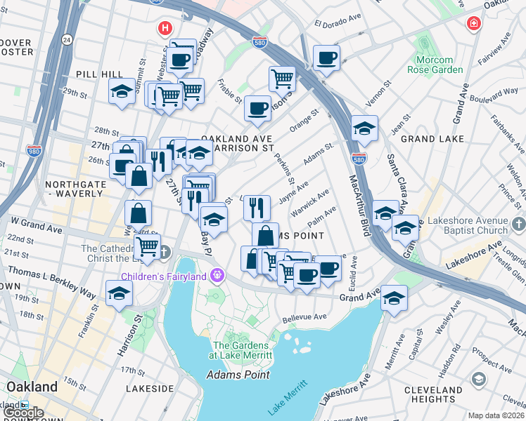 map of restaurants, bars, coffee shops, grocery stores, and more near 265 Adams Street in Oakland