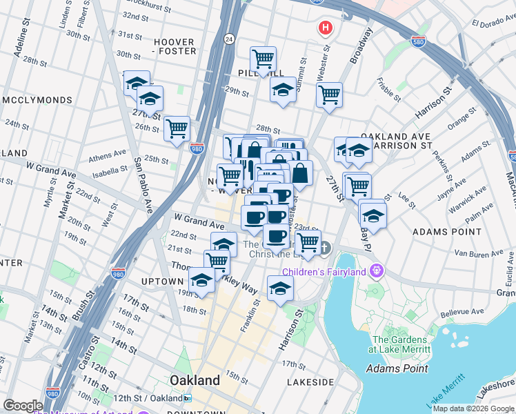 map of restaurants, bars, coffee shops, grocery stores, and more near 2350 Valley Street in Oakland