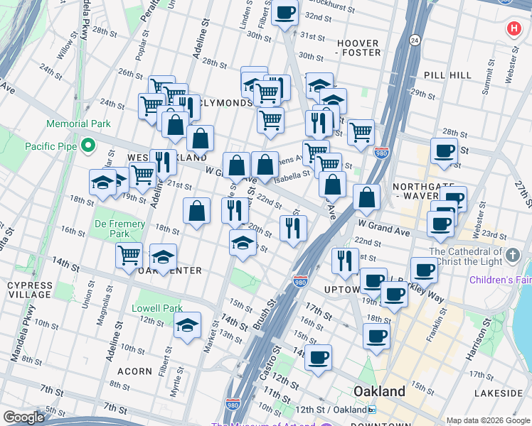 map of restaurants, bars, coffee shops, grocery stores, and more near 885 22nd Street in Oakland
