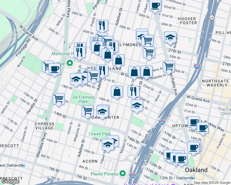 map of restaurants, bars, coffee shops, grocery stores, and more near 2008 Chestnut Street in Oakland